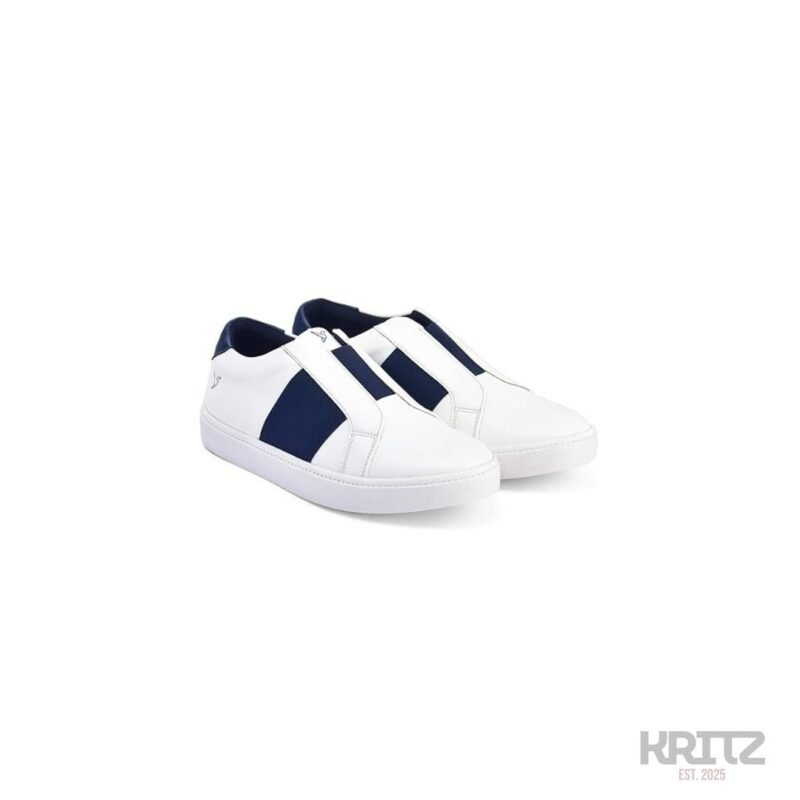 White Slip-On Sneakers with Navy Blue Stripe casual shoes for men